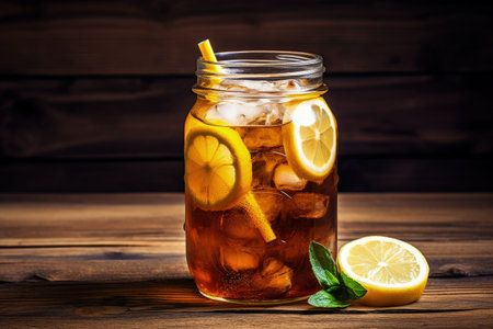 Iced tea with lemon in a jar on a rustic backgroundの素材
