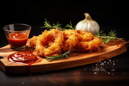 Ketchup on wooden board accompanying onion ringsの素材