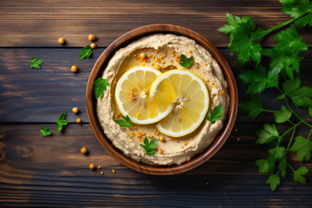 Hummus on wooden plate with lemon vegetarian Overhead viewの素材