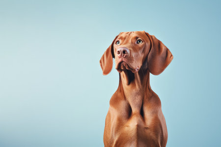 Hungarian vizsla dog portrait lying down looking up pastel blue background family dog bannerの素材