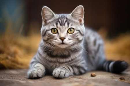 High quality close up photo of a striped gray cat resting on the groundの素材
