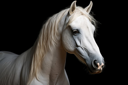 Isolated black background with white Andalusian horseの素材