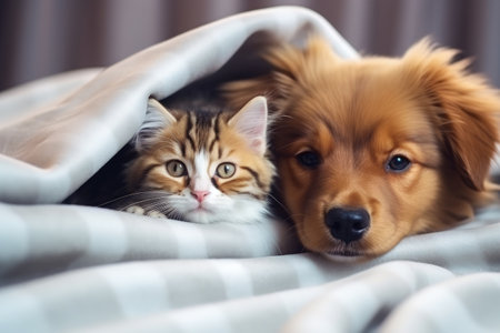 Horizontal panoramic image of a puppy and a kitten resting under a blanket at home on the bedの素材