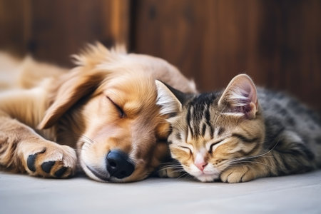 Kitten and puppy napping together domestic pets displaying love and friendship with animal care invoの素材