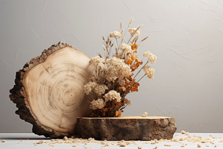 Minimalistic composition of tree bark podium with dried flowers on gray backdrop Organic cosmetic prの素材