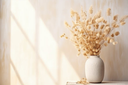 Neutral living room with a white podium showcasing dried flowers and a space for copying featuring aの素材