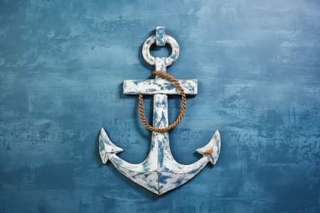 Maritime summer vacation concept with white anchor on blue background depicting harbor sailing tripの素材