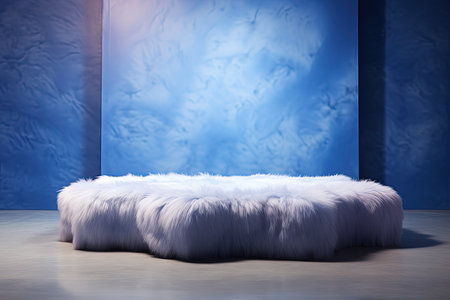 Light periwinkle blue faux fur on a white podiumの素材