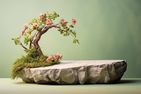 Natural materials such as trees stones and dry flowers compose a stunning green background for produの素材