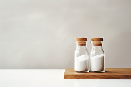 Oil bottle wooden salt and pepper shakers on white table indoors room for textの素材