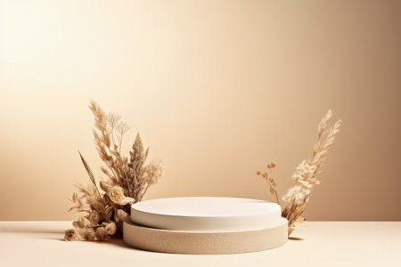 Minimal concept for product presentation with a white geometric shape on a round podium surrounded bの素材