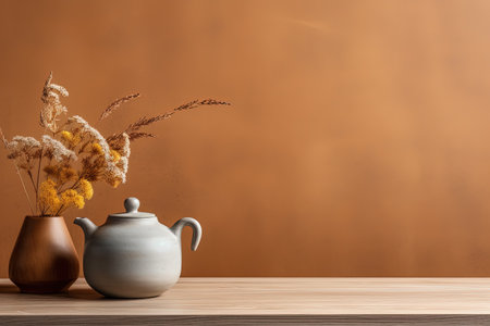 Minimalist wooden table with handcrafted clay teapot dried flowers flat lay copy spaceの素材