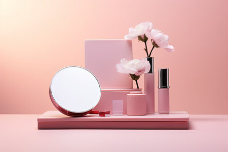 Mockup presentation for branding and packaging showcasing products on white podiums against a pink pの素材