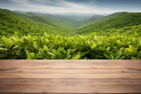 Nature background concept featuring a wooden table or desk with tea plantation as a frame for displaの素材