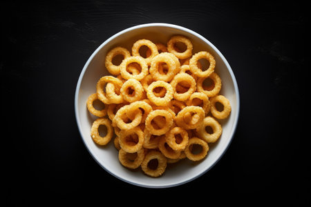 Overhead view of onion rings on dark surface in white bowlの素材