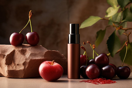 Nourishing beauty products with fruit extract and cherry flavor along with lipstick vitamin serum anの素材