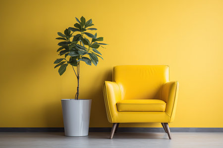 Modern waiting area with yellow armchair and plant in white flowerpotの素材