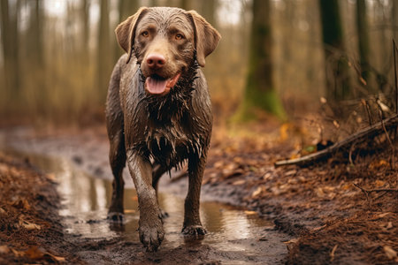 Muddy dog in fall surroundings with stick walking on forest pathの素材