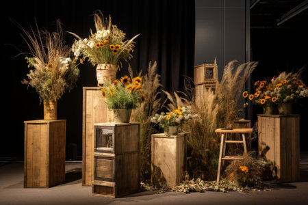 Organicity is showcased with wooden podiums and dried flowers at the garden exhibitionの素材
