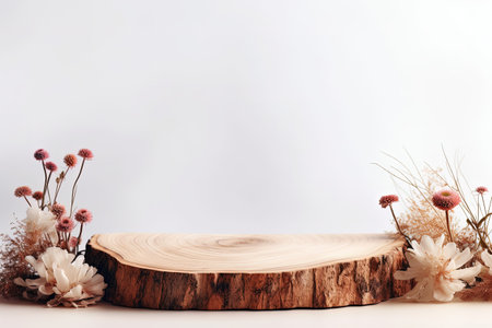 Minimal style mock up of wooden log and dry flowers on white background Abstract empty podium for orの素材