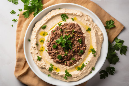 Overhead shot of white plate with hummus ground beef and parsley on beige granite backgroundの素材