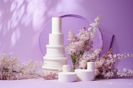 Lilac backdrop adorned with decorative plaster podiums gypsophila flowers and lipsticksの素材