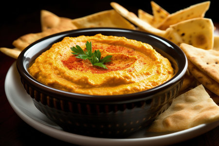 Red pepper hummus with pita chipsの素材