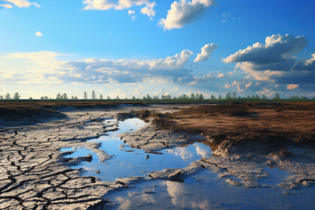 Rice grows in a muddy marsh under a clear skyの素材