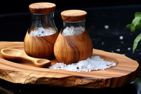 Salt and a shaker on an olive wood cutting board were spilledの素材