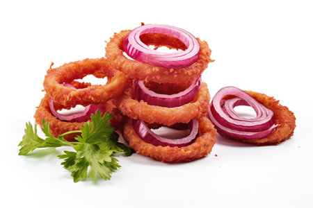 Red onion rings displayed on a white backdropの素材