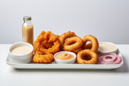 Sauces and onion rings by the white wallの素材