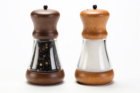 Salt and black pepper in shakers isolated on whiteの素材