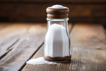 Selective focus close up shot of a salt shaker on a vintage wooden backgroundの素材