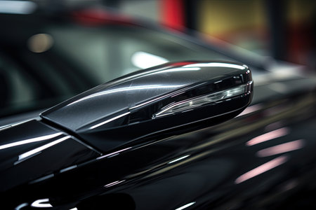 Selective focus on black car s front windshield wipers in salonの素材