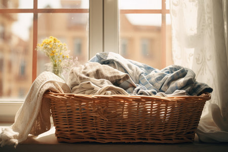 Text space inside wicker basket holding soiled laundry on window ledgeの素材