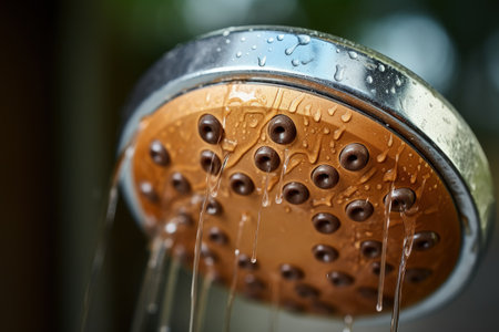 Shower head covered in limescale and rust focus on detailsの素材