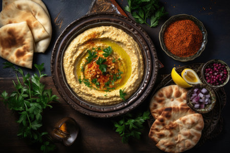 Top view of a Middle Eastern breakfast featuring traditional Arabic dishes like hummus foul mutabbalの素材