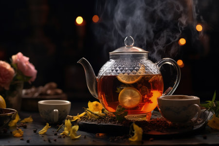 Tea brewing process hot water poured into tea leavesの素材