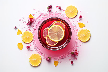 Top view of a creative cup of hibiscus tea and lemon on a white backgroundの素材
