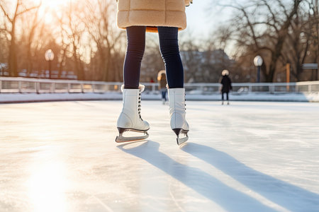 Skater s legs on outdoor winter ice rinkの素材