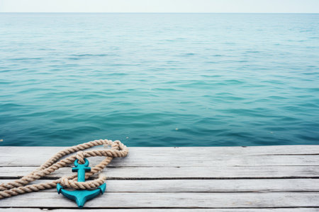 Top view of a white wooden deck with a sea motif anchor marine rope and a summertime sea backgroundの素材