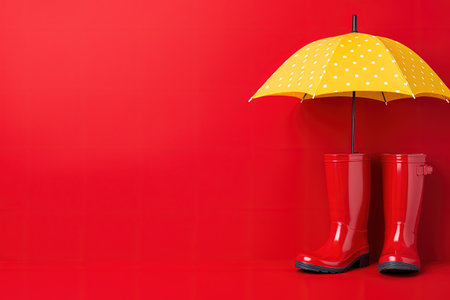 Text space with colorful umbrella and rubber boots on red backgroundの素材
