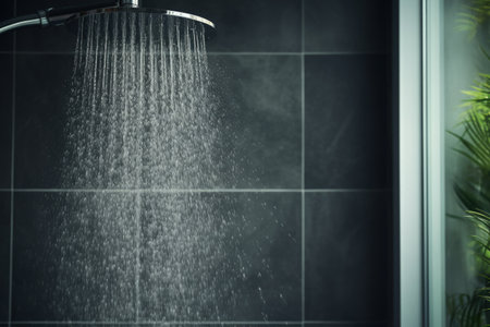 Shower water splashing on wet glass windowの素材