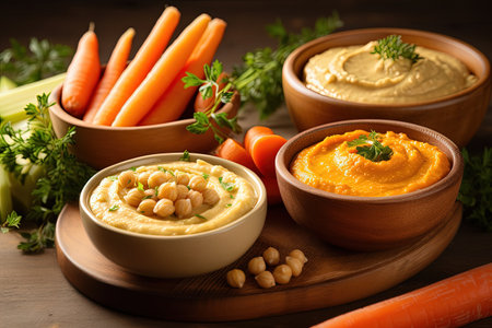 Veggie concept hummus carrot sticks chickpeas in wooden bowls Light backdrop top foodの素材