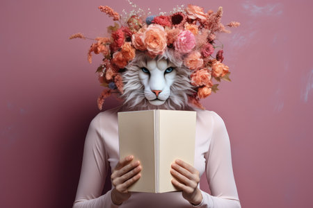 Surreal collage artwork Cat s head adorned with hands crafting dry flower applique in notebook Animaの素材
