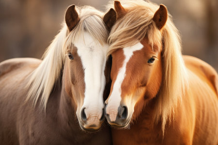 Two horses showing friendship through an embraceの素材