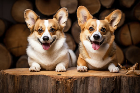 Two happy Welsh Corgi Pembroke dogs posing on a chopping block and facing the cameraの素材