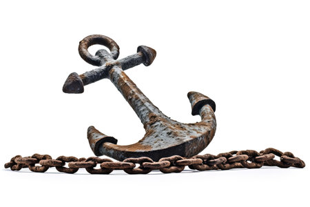 Vintage sea anchor with chain on white background realistic steel anchor rings and shadow This symboの素材