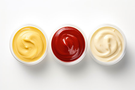 Top view of ketchup mayo and mustard isolated on white backgroundの素材