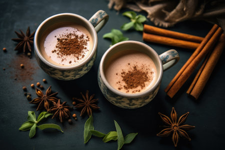 Top view of traditional Indian tea with milk spices from Kerala Two cups of organic herbal drink booの素材